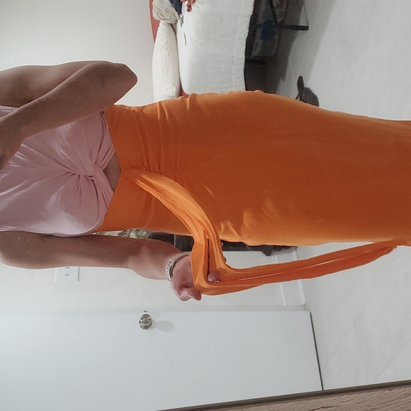 Viral Pink and Orange Color Block Twist Front Knit High Slit Dress - Picture 4 of 5